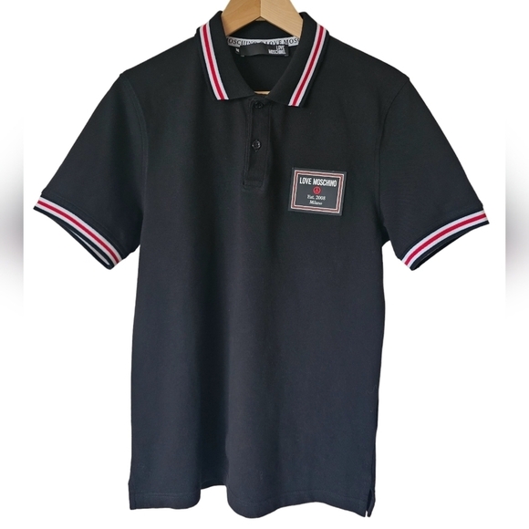 Moschino Polo T-shirt short sleeves brand logo two button closure collar black M - Picture 1 of 6